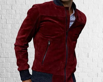 Men's Red Suede Leather Bomber Jacket: Classic Biker Style