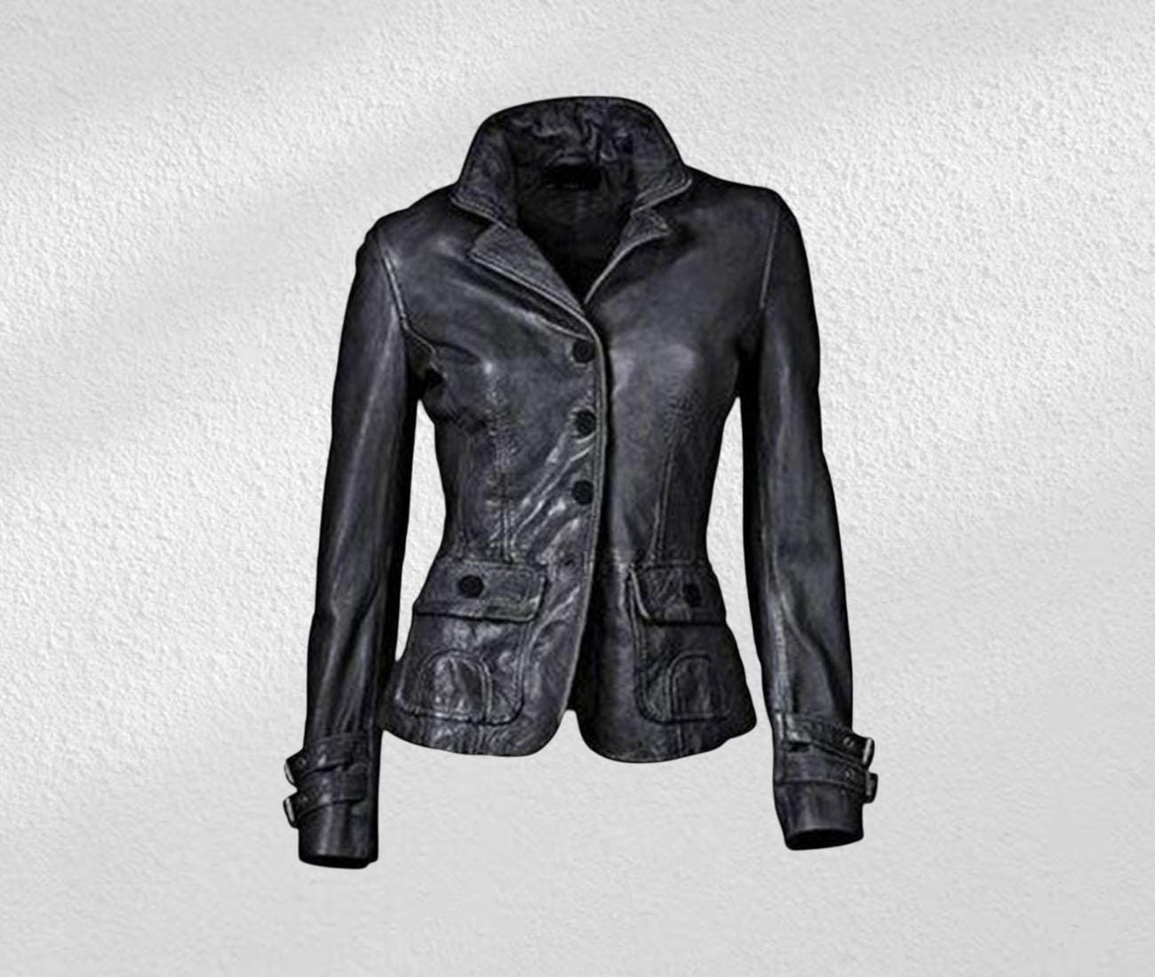 100% New Genuine Black Color Leather Lambskin Women Biker Motorcycle Blazer Ladies Blazer