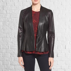 Handcrafted Women&#39;s Black Leather Jacket – Black Moto Design ,Soft Real Leather, Stylish Moto Biker Look , women full sleeveless leather top
