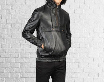 Giacca con cappuccio in pelle nera da uomo – Cappotto con cappuccio e cerniera in vera pelle – Elegante capospalla da motociclista da uomo