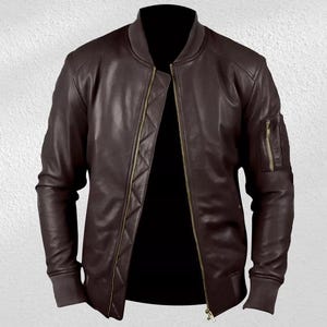 Blouson aviateur homme marron en cuir d&#39;agneau : coupe slim style motard