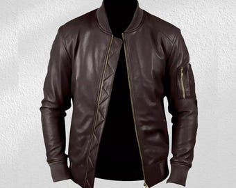 Men's Brown Leather Bomber Jacket Classic Zip-Up Luxury Genuine Leather Outerwear