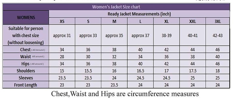 Puede incluir: Tabla de tallas de chaquetas para mujer, con medidas en pulgadas. La tabla incluye tallas de XS a 3XL, detallando medidas de pecho, cintura, caderas, hombros, mangas y largo delantero. El texto inferior dice: "El pecho, la cintura y las caderas son medidas de circunferencia."