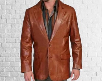 Men's Tan Lambskin Leather Blazer: Classic Button Coat