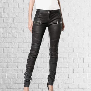 Women slim fit lace up Vintage genuine leather trousers black leather pants
