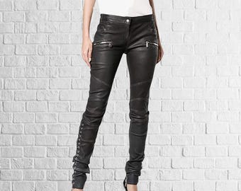 Women slim fit lace up Vintage genuine leather trousers black leather pants