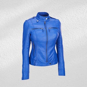 Women Blue Genuine Lambskin Leather Biker Jacket, Women Blue Leather Slim Fit Motorcycle Jacket, Women Jacket, Gift
