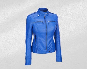 Blue Lambskin Leather Biker Jacket: Women's Slim Fit Motorcycle Coat