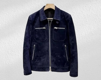 Men's Blue Suede Leather Jacket | Zip Up Biker Style