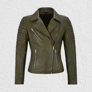 Veste motard en cuir d'agneau véritable vert olive pour femme ||| Cadeau pour elle