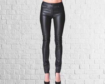 Handmade Lambskin Stretchable Leather Pants: Women's Slim Fit Outfit