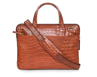 Brown Tan  Leather Laptop Bag – Crocodile Embossed Slim Briefcase for Men & Women