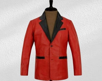 Men's Red Leather Blazer – Handmade Slim Fit, Anniversary Gift