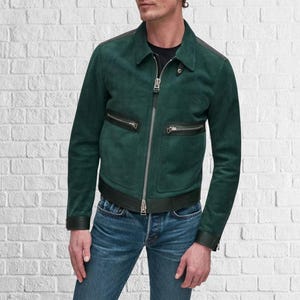 Handmade Green Suede Leather Bomber Jacket: Slim Fit Collared Menswear