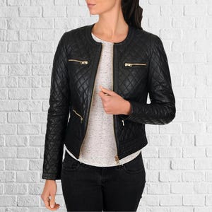 Women Black Genuine Lambskin Leather Quilted Biker Jacket, Women Black Leather Quilted Slim Fit Motorcycle Jacket, Women Jacket, Gift Ladies
