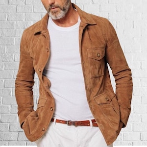 Basic heren schapenvacht bruin suède leren jas blazerstijl aangepast formaat designer jas met knopen