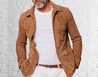 Basic Men's Sheepskin Tan Suede Leather Jacket Blazer style Custom Size Designer Button Coat