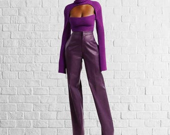Pantaloni da donna in pelle di agnello viola fatti a mano - Bootcut