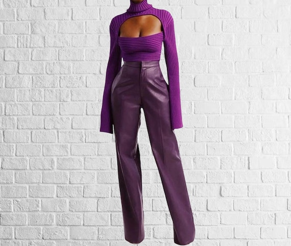 Women's Purple Leather Pant , Genuine Leather Pant, Handmade