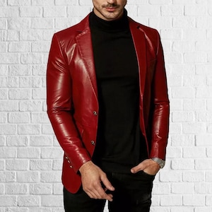 Blazer boutonné pour homme en cuir véritable rouge en cuir d'agneau véritable, doux et élégant ||| Cadeau d'anniversaire ||| Cadeau pour lui