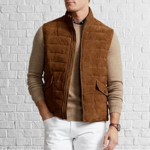 Gilet en cuir marron clair de haute qualité pour hommes, gilet western, veste à fermeture éclair élégante