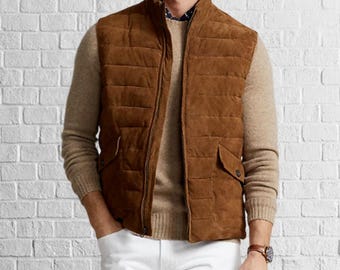 Men&#39;s Tan Suede Leather Waistcoat: Quilted Western Vest Jacket