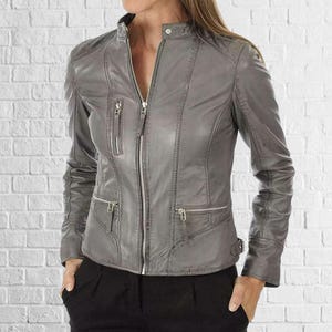 Blouson motard en cuir d'agneau gris véritable pour femme ||| Cadeau pour elle