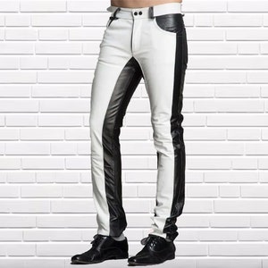 Men&#39;s Real Natural Soft Lambskin Leather Bikers Pants Contrast Panels Black and white Pants