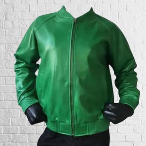 Men&#39;s Green Lambskin Leather Bomber Jacket - Slim Fit Motorcycle Style