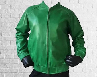 グリーンレザーボンバージャケット クラシックモーターサイクル 