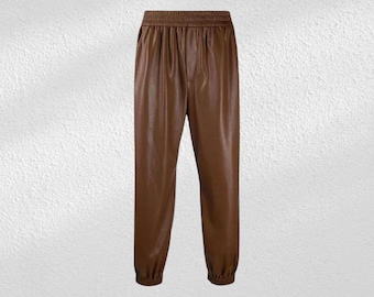 Brown Lambskin Leather Jogger Pants: Men's Casual Clubwear
