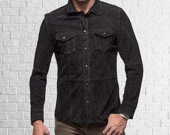 Veste-chemise en cuir de daim noire en peau de mouton pour homme, bouton extérieur, pardessus tendance