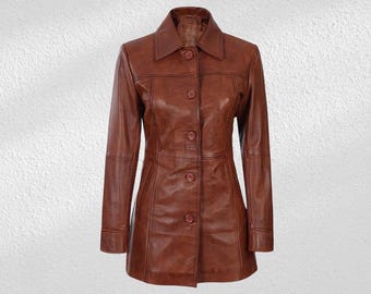 Vintage Brown Leather Trench Coat: Genuine Lambskin, Waxed Finish