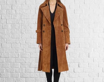 Waxed Lambskin Leather Trench Coat: Women&#39;s Long Brown Overcoat
