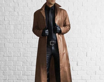 Genuine Lambskin Leather Trench Coat - Men's Brown Winter Overcoat