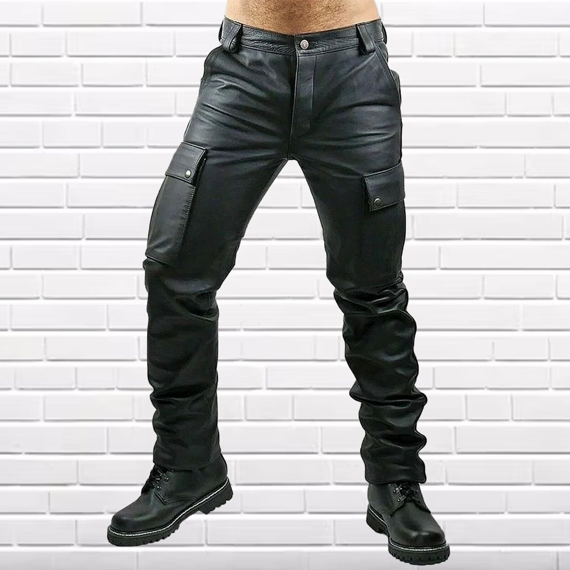 Mens Leather Pant Cargo Pants Real Black Leather Pants/Trousers