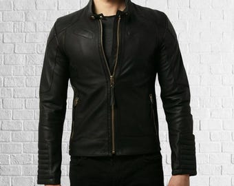 Men's Black Leather Café Racer Jacket, Real Lambskin Biker Jacket, Brass Zipper Snap Collar Ribbed Elbow Slim Fit Moto Outerwear