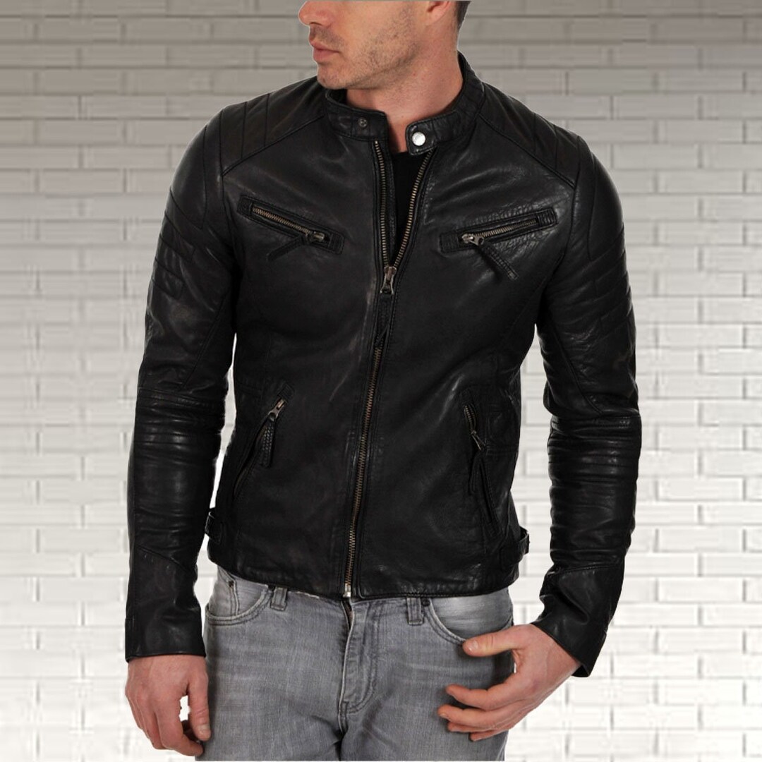 Infinity Men's Slim Fit Black Real Lambskin Leather Biker Jacket – Sizes XS To 5XL