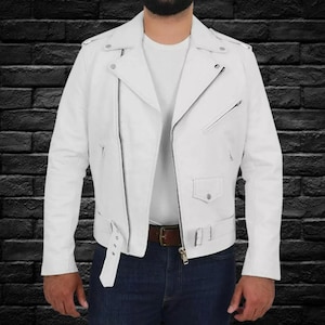 Blouson motard homme blanc en cuir d&#39;agneau - Coupe slim