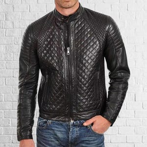 Blouson homme noir en cuir véritable matelassé en cuir d'agneau Veste motard à fermeture éclair en cuir véritable || Veste en cuir pour homme ||