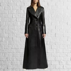 Women's Black Lambskin Leather Long Trench Coat: Stylish Party Wear