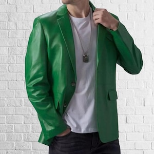 Men&#39;s Genuine Green Lambskin Leather Blazer Jacket BUTTON Black Premium Classic Coat ||| Gift for Him ||| Anniversary Gift