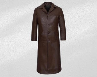 Men's Handmade Brown Lambskin Leather Trench Coat - Gothic Winter Style