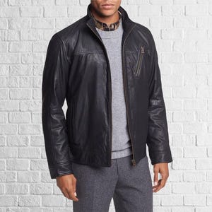 Blouson de motard en cuir d&#39;agneau véritable gris élégant coupe ajustée pour homme