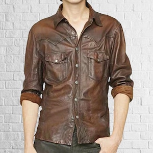 Lambskin Leather Shirt: Brown Bomber Style - Men&#39;s Winter Fashion
