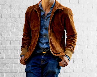 Brand New Men's Sheepskin Dark Tan Suede Leather Bomber Jacket Biker Outdoor Fashion Coat