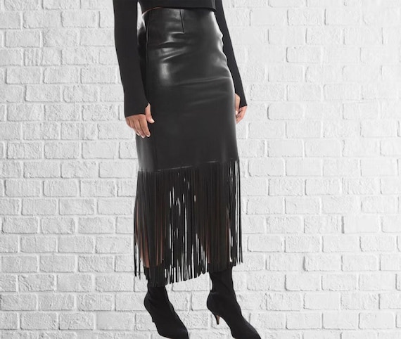 Women's Black Lambskin Leather Fringe Skirt, Genuine Leather