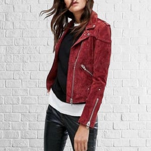 Rote Wildlederjacke für Damen, handgefertigte Echtleder Bikerjacke, Bikerjacke für Damen Rote Wildleder Bikerjacke