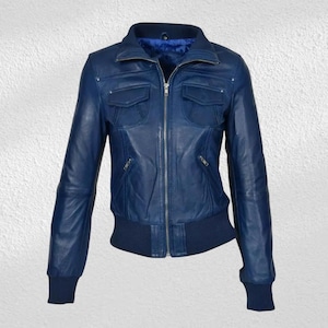 Women&#39;s Genuine Blue Lambskin Leather Jacket Motorcycle Slim Fit Biker Jacket ||| winter Casual coat || Women bomber jacket ||Gift For Her