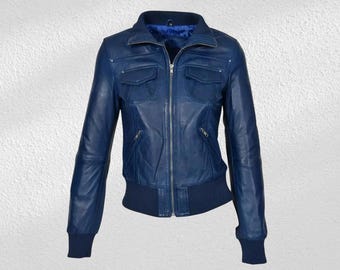 Blue Lambskin Leather Biker Jacket: Women's Slim Fit Bomber